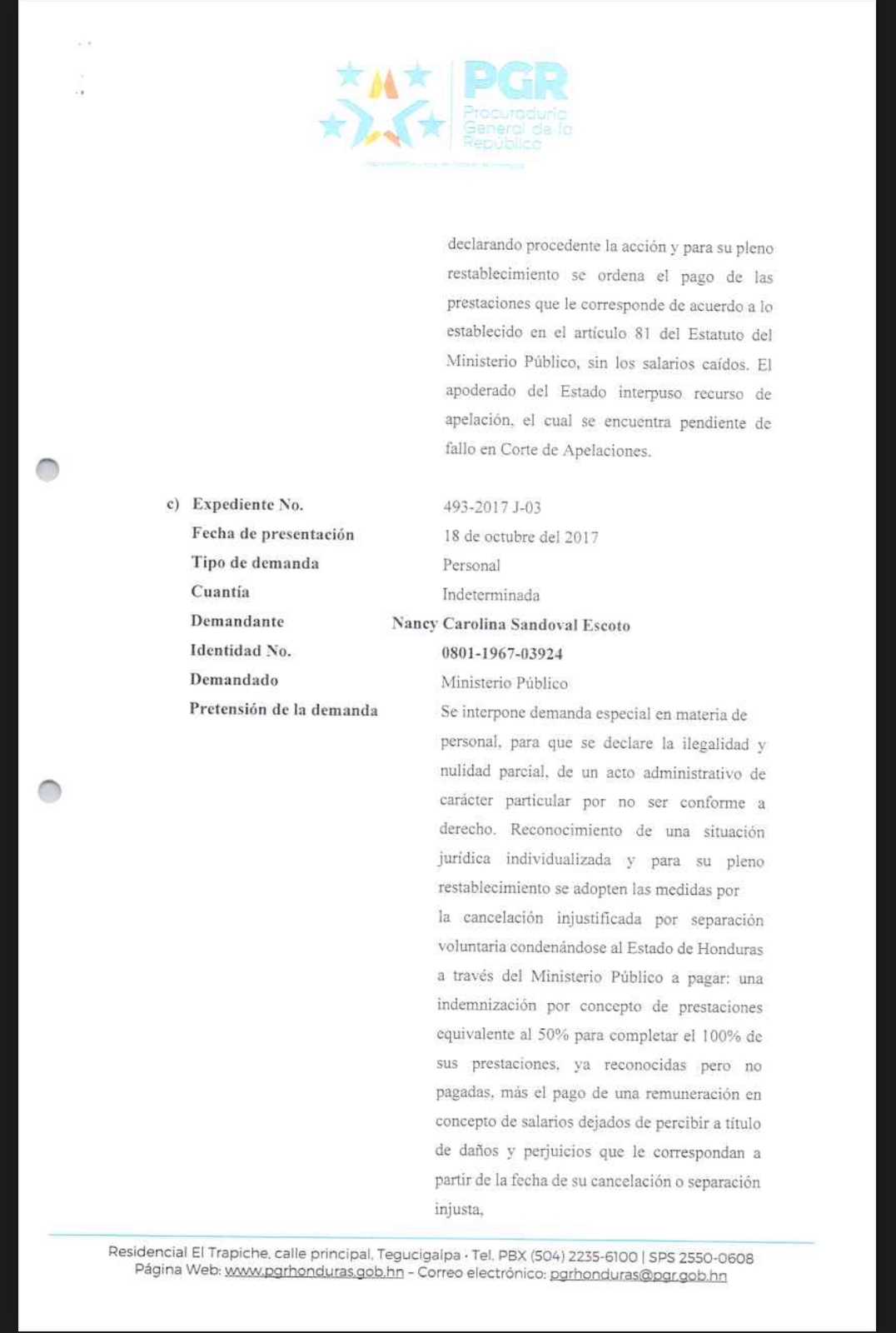 Informe remitido por parte de la PGR